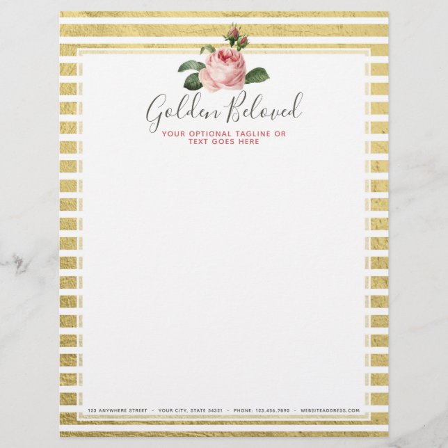 En-tête De Lettre Shabby Chic Rose & Moderne Girl Gold Stripes (Devant)