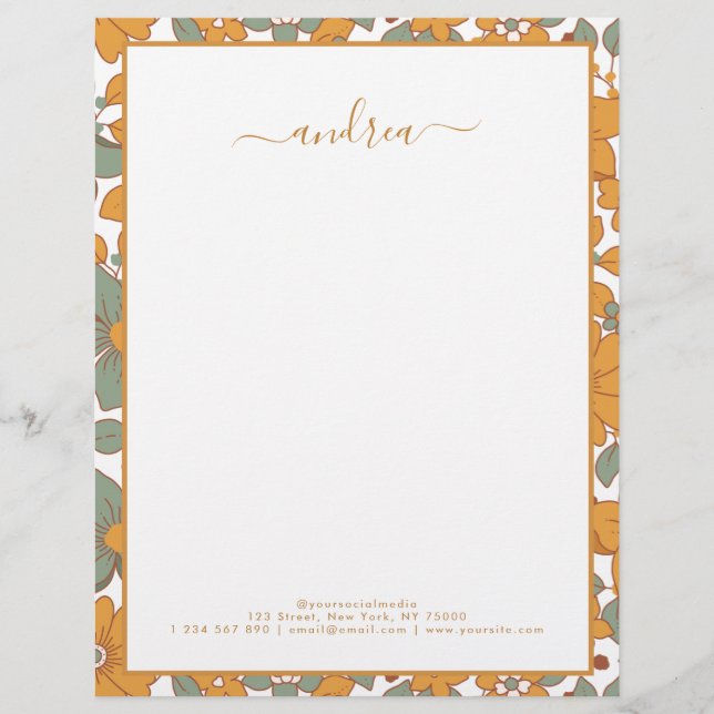 En-tête De Lettre Super Retro Floral & Nom commercial personnalisé H (Devant)
