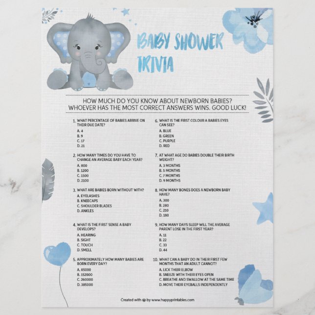 En-tête De Lettre Trivia bébé [Eléphant bébé [bleu] (Devant)