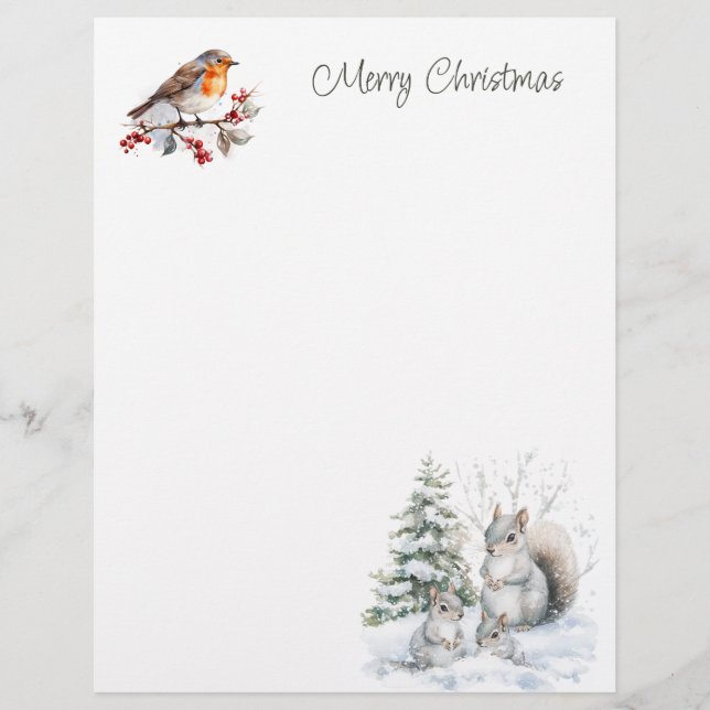 En-tête De Lettre Winter Red Robin Squirrel Christmas  Letterhead (Devant)
