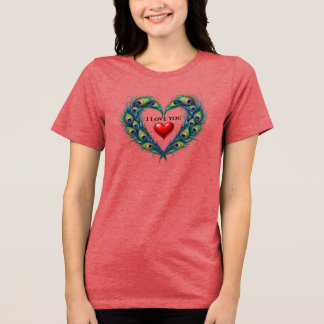 En Tri-matière J'aime Vous Plume de Paon Coeur Femme T-Shirt