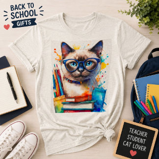 En Tri-matière T-shirt chat portant des lunettes et des livres Mi