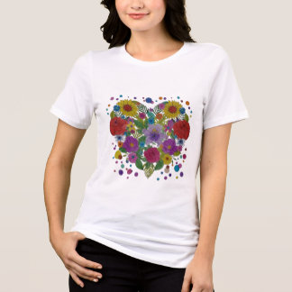 En Tri-matière T-Shirt Cœur Floral Coloré | Graphisme de Cœur de