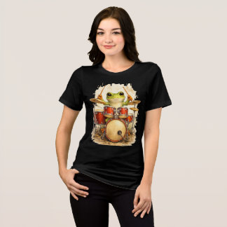 En Tri-matière T-shirt de musique drôle batteur grenouille mignon