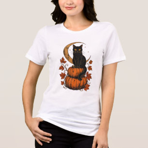 En Tri-matière T-shirt Halloween Chat Noir Vintage Citrouille E