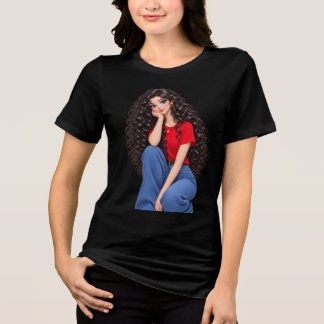 En Tri-matière T-Shirt Noir avec Illustration de Fille Stylée