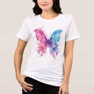 En Tri-matière T-shirt papillon à l'aquarelle rose et bleu – Pa d