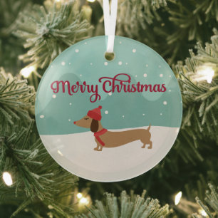 En Verre Dachshund Joyeux Arbre de Noël Ornement Neige