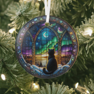 En Verre Ornement de nuit d'hiver, chats et feux du Nord