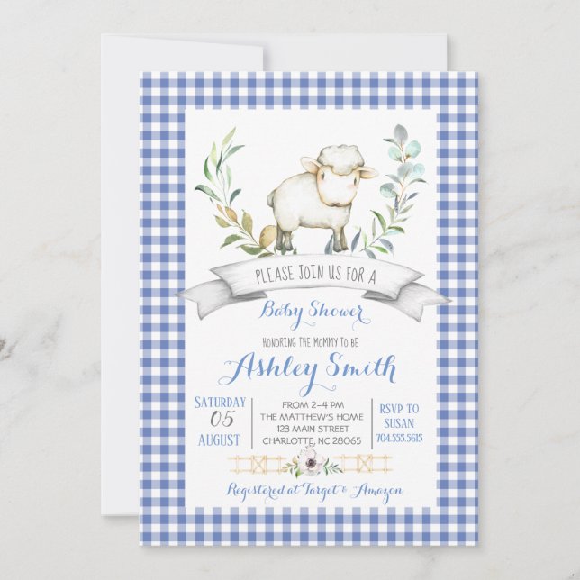 en vichy baby shower ovin de ferme invitation (Devant)