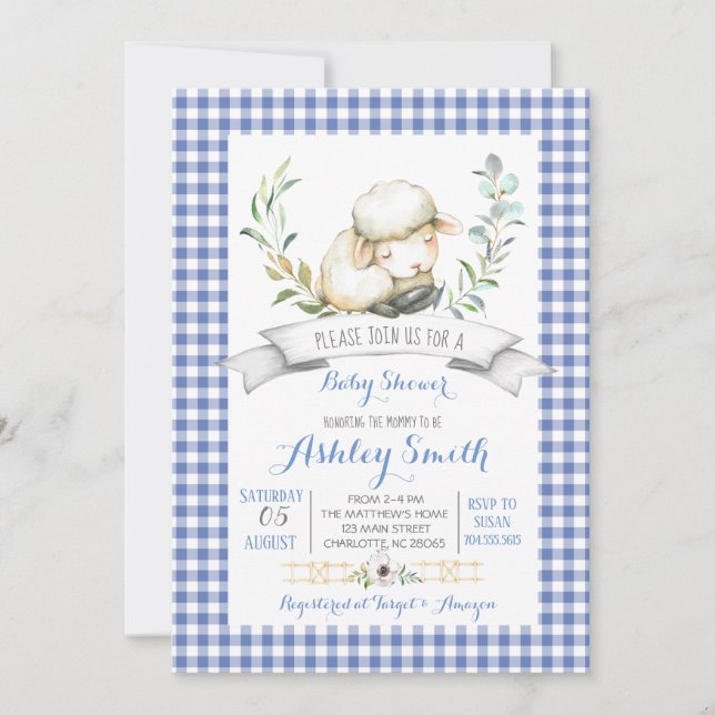En vichy baby shower ovin de ferme invitation (Devant)