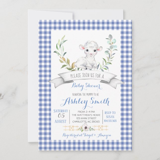En vichy baby shower ovin de ferme invitation (Devant)