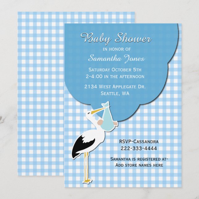 En vichy bleu avec Invitation Baby shower de cigog (Devant / Derrière)
