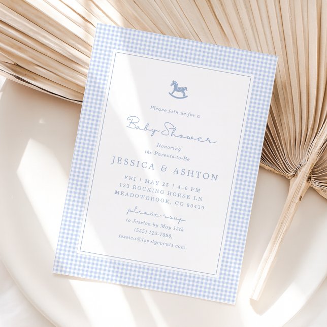 En vichy Bleu, Cheval Rocheux, Invitation Baby sho (Créateur téléchargé)