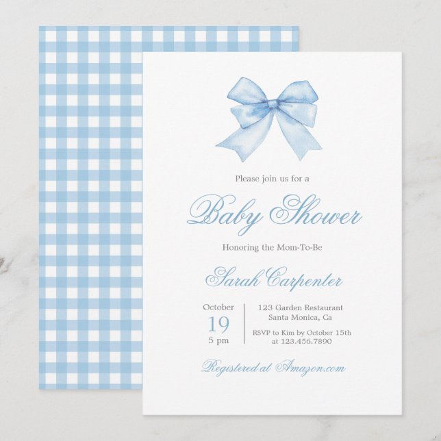 En vichy bleu et Baby shower Bow Invitation de gar (Devant / Derrière)