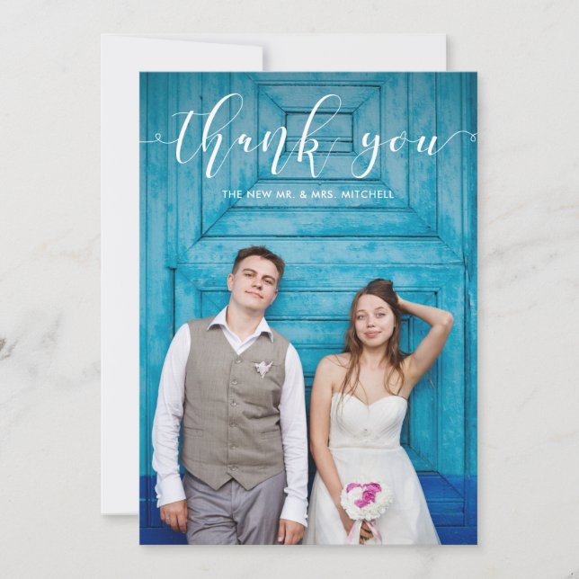 En vichy bleu | Merci mariage avec photo (Devant)