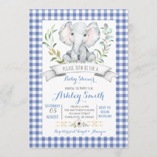 En vichy invitation au baby shower des éléphants