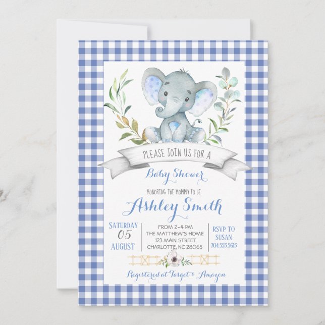 En vichy invitation au baby shower des éléphants (Devant)