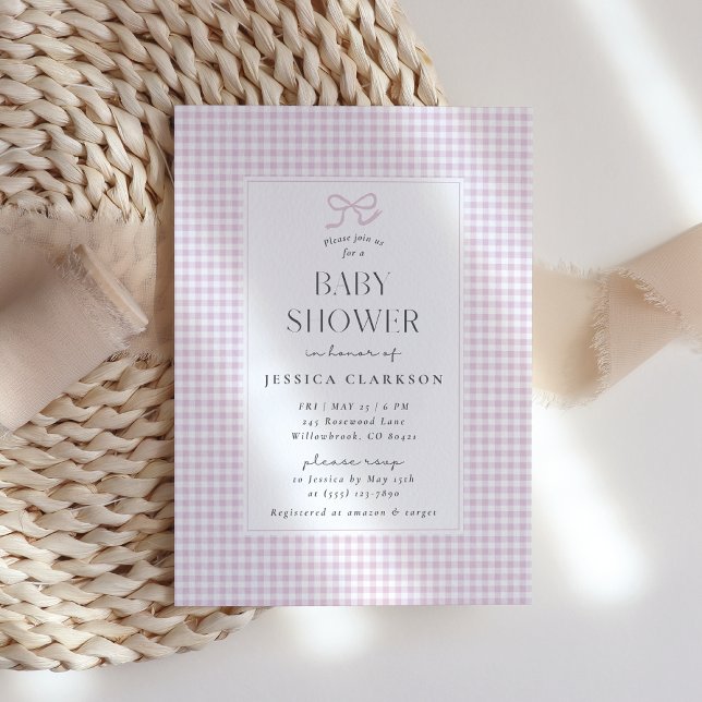 en vichy Pink Bow Baby Girl Baby shower Invitation (Créateur téléchargé)