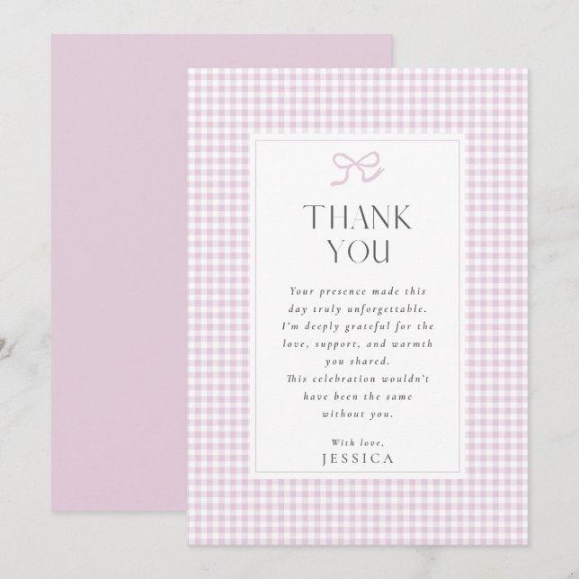 en vichy Pink Bow Baby Girl Carte de remerciements (Devant / Derrière)