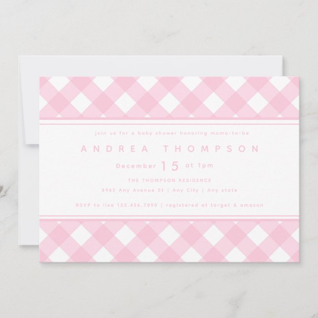 en vichy rose | Invitation Baby shower fille (Devant)