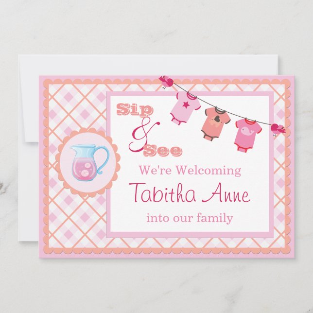 En vichy rose Sip et voir Bunting Baby Invitation (Devant)