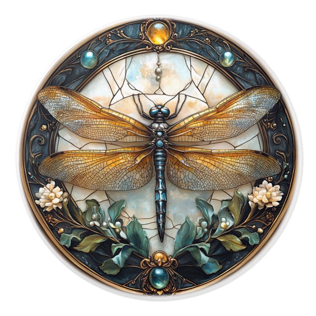 Enamel Dragonfly Gems Flowers Gold Filigree Ceramic Knob (Front)