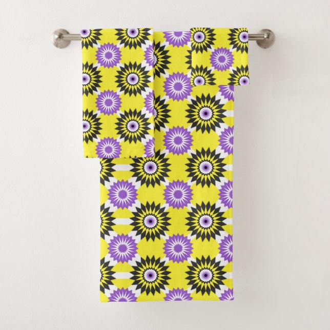 Enby pride colours / yellow mirror flower bath towel set (Insitu)