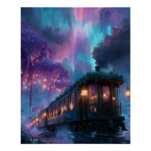 Enchanted Aurora Train Under Starlit Sky Poster