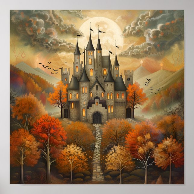 Enchanted Autumn Castle at Night AI Art Poster (Front)
