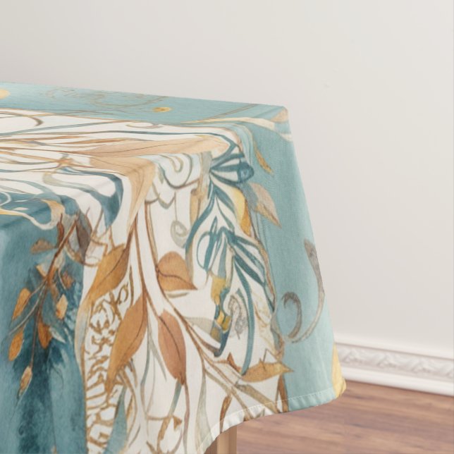 Enchanted Autumn Splendour Golden Teal Vintage Tablecloth (In Situ)
