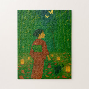 Enchanted Bamboo Path with Kimono Girl and Cat Jigsaw Puzzle