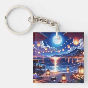 Enchanted Beach at Night Painting Keychain