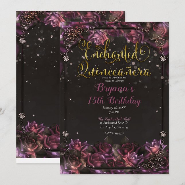 Enchanted Berry Roses Dark Floral Quinceañera  Invitation (Front/Back)