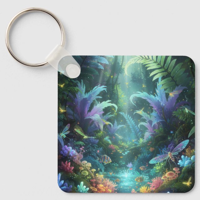 Enchanted Bioluminescent Forest Magical Jungle  Keychain (Front)