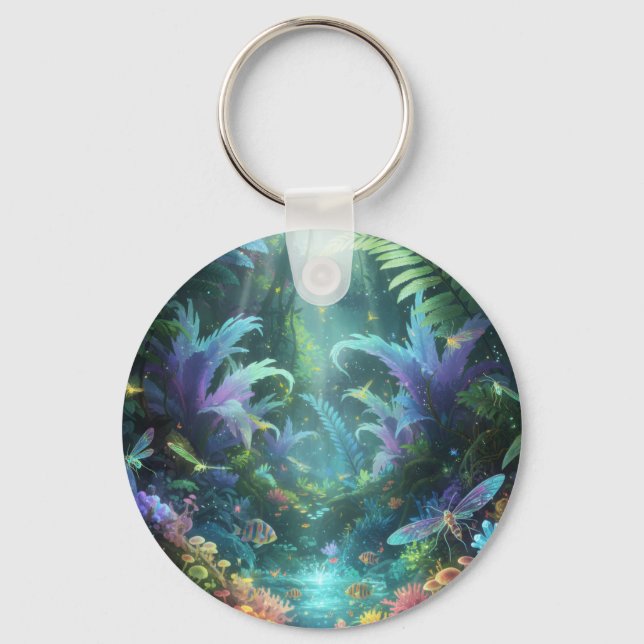 Enchanted Bioluminescent Forest Magical Jungle  Keychain (Front)