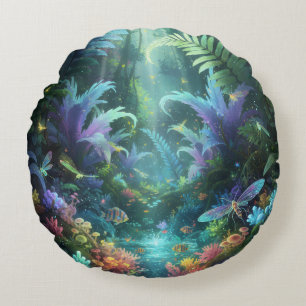 Enchanted Bioluminescent Forest Magical Jungle Round Pillow