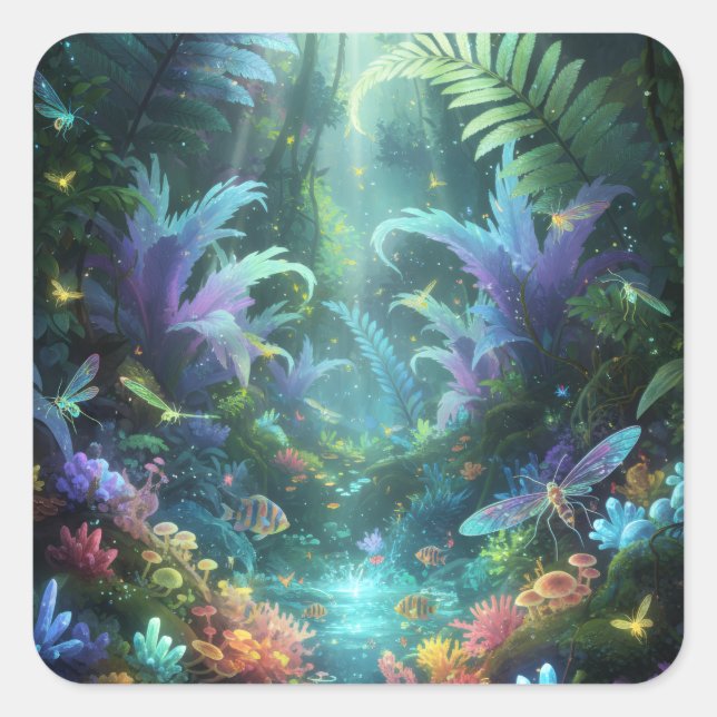 Enchanted Bioluminescent Forest Magical Jungle  Square Sticker (Front)