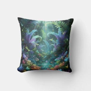 Enchanted Bioluminescent Forest Magical Jungle  Throw Pillow