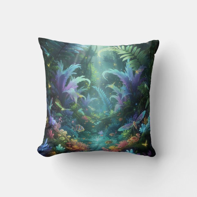 Enchanted Bioluminescent Forest Magical Jungle  Throw Pillow (Front)