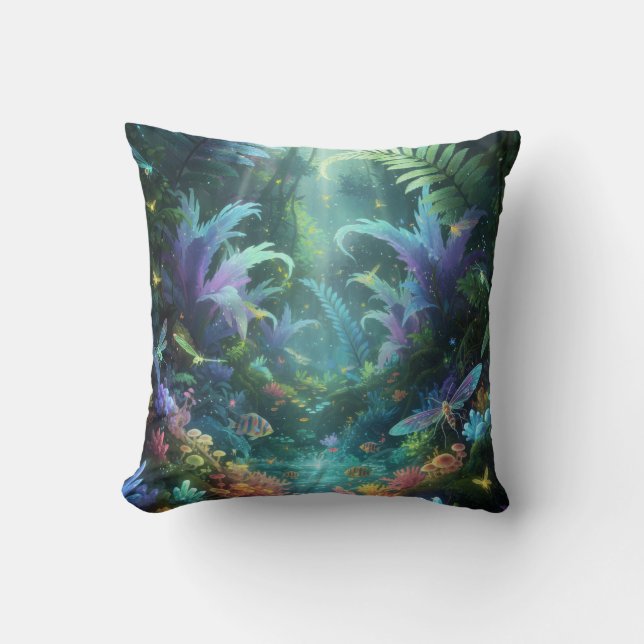 Enchanted Bioluminescent Forest Magical Jungle  Throw Pillow (Front)