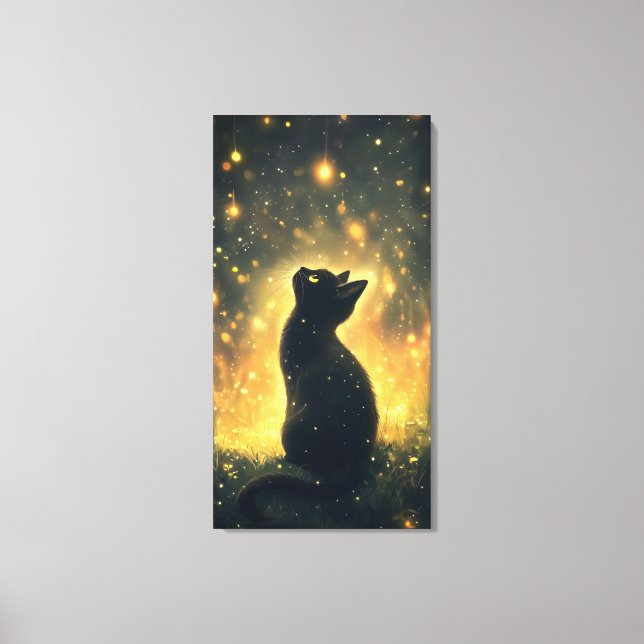 Enchanted Black Cat with Fireflies Artwork Canvas Print (Front)