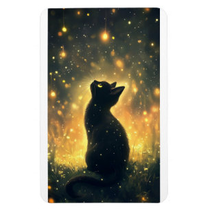 Enchanted Black Cat with Fireflies Artwork Magnet