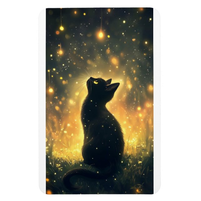 Enchanted Black Cat with Fireflies Artwork Magnet (Vertical)