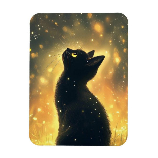 Enchanted Black Cat with Fireflies Artwork Magnet (Vertical)