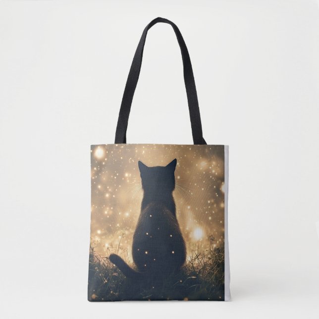 Enchanted Black Cat with Fireflies Artwork Tote Bag (Front)