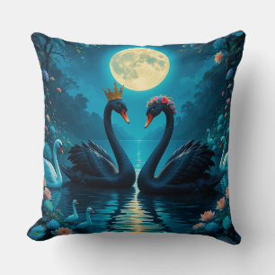 Enchanted Black Swan Under Moonlight Botanical  Throw Pillow