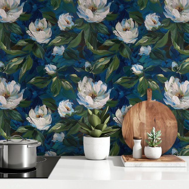 Enchanted Blooms: White Peonies on Deep Blue Wallpaper (Creator Uploaded)