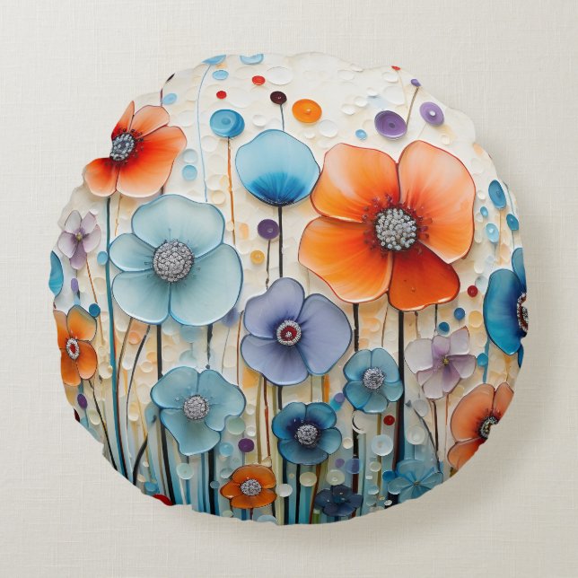 Enchanted Blossoming Meadow Wildflowers Round Pillow (Front)