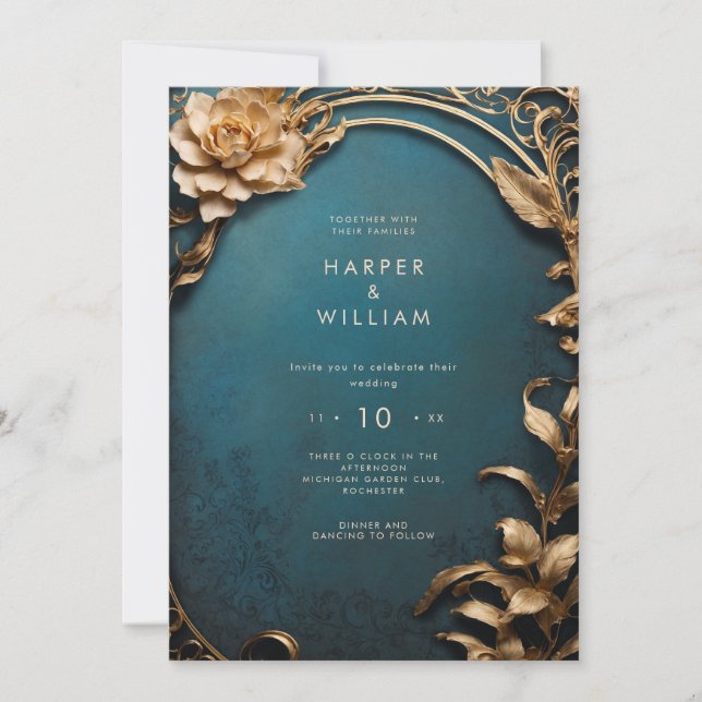Enchanted blue and gold Wedding Invitation (Front)